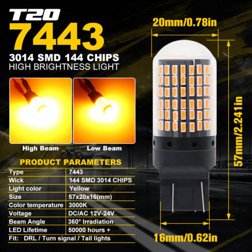 T20 LED Reverse 7443 3014 144 SMD Canbus Turn Light - Amber